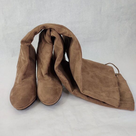 Bella Marie Boots Women's Sz 7 Suede Over The Knee 3.5" Block Heel Taupe Lace-up - Picture 11 of 16